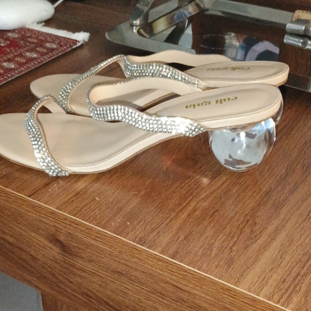 Cult Gaia Tan and Gold Sandals with Rhinestone Straps